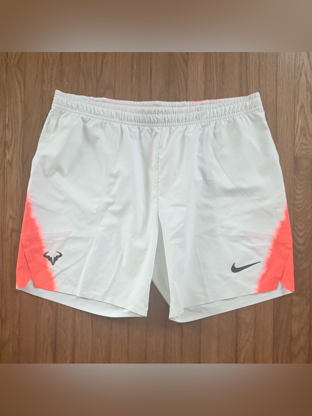 Nike Men’s White Nadal Tennis Athletic Shorts with Neon Orange Accents L